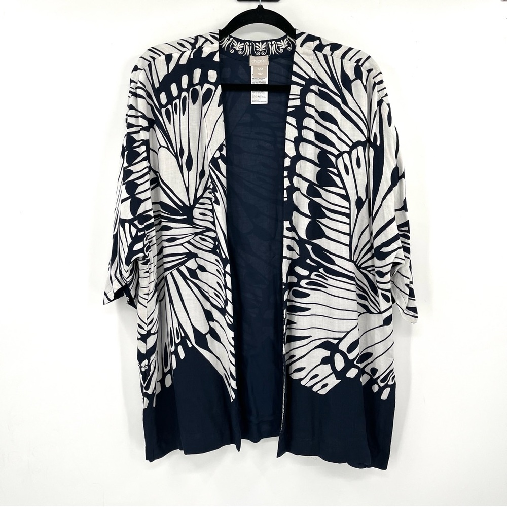 CHICO'S Kimono S/M Butterfly Print Blue Made in India Rayon Layer FlowyLagenlook